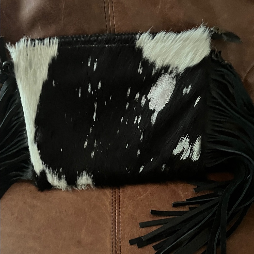 Black and White Cowhide & Leather Fringe Crossbody Bag - Picture 5 of 5